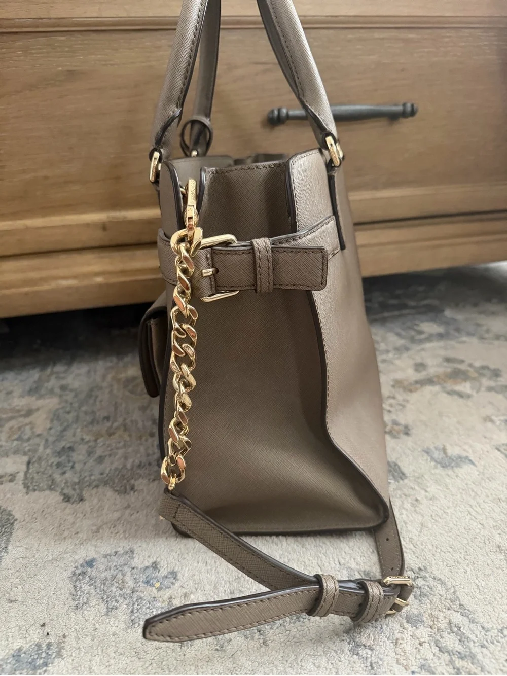 Michael Kors Taupe Saffiano Satchel with Gold Chain Accents